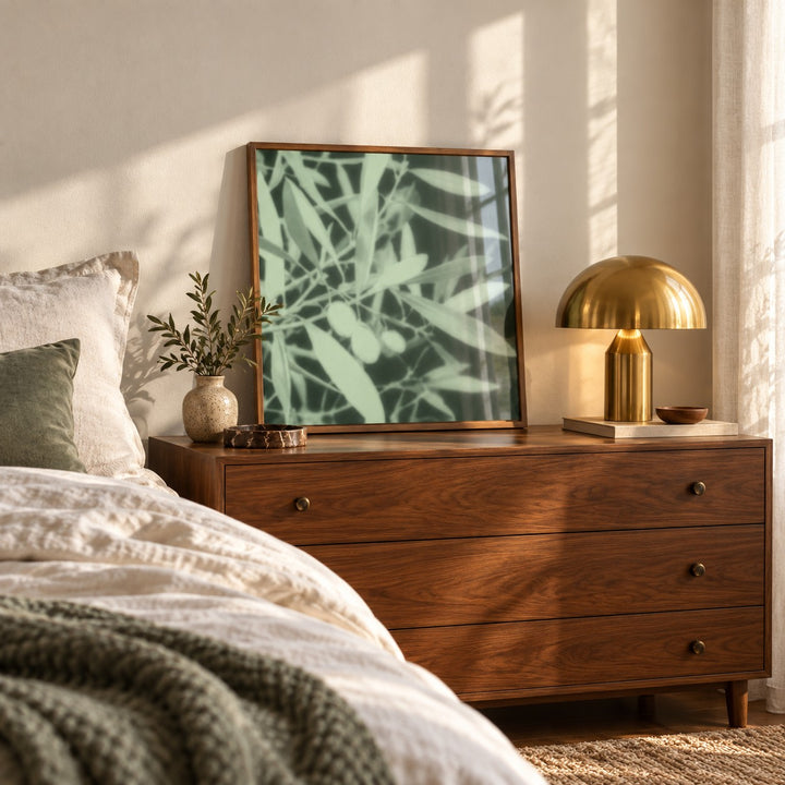 Mint Olive Branch Print styled in a bedroom (frame not included)