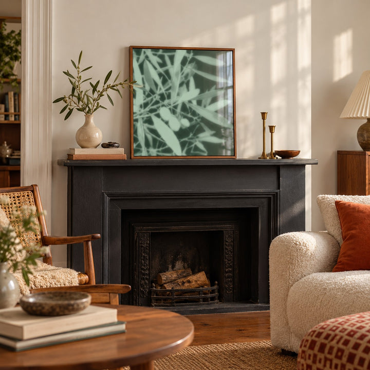 Mint Olive Branch Print styled on a mantelpiece (frame not included)