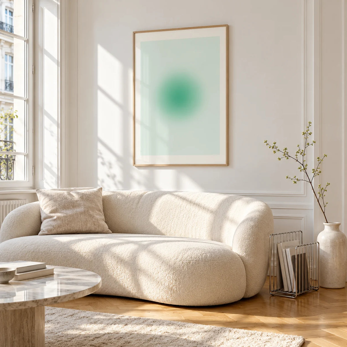 Mint Print, framed on the wall of a bright living room corner