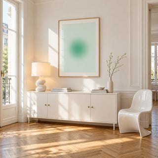 Mint Print, framed on the wall of a bright Paris style apartment in a living room