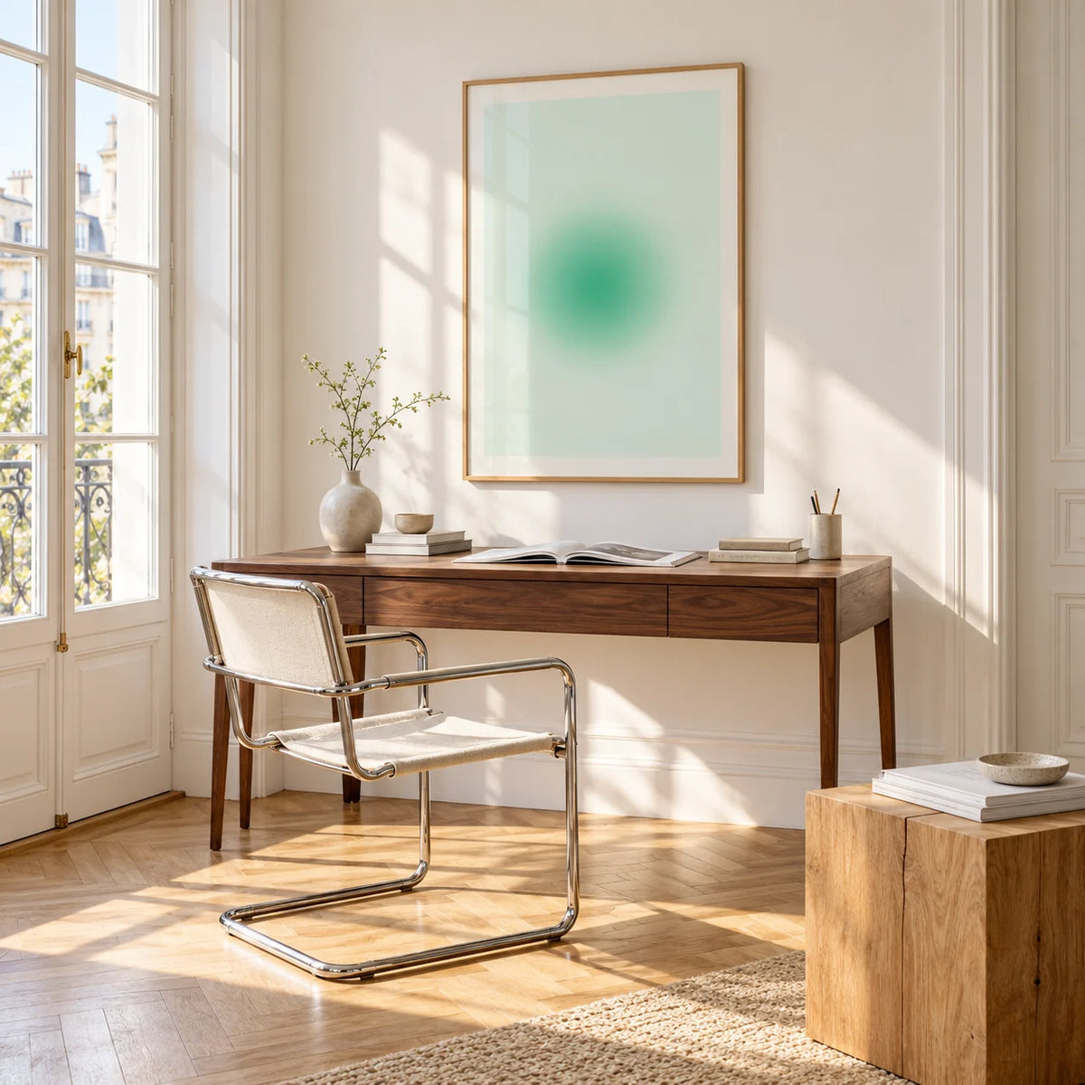 Mint Print, framed on the wall of a bright study corner with a tall white paned window