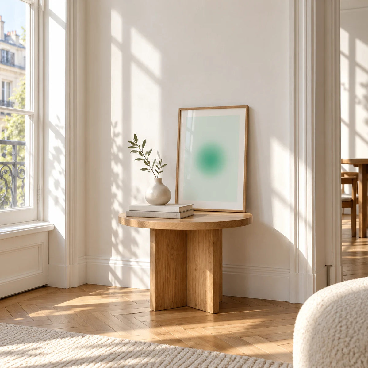 Mint Print, a small A4 framed print leaning on a small solid oak side table