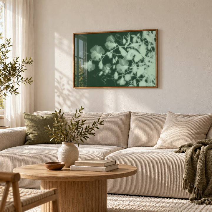 Mint Sweet Pea Print styled in a living room (frame not included)
