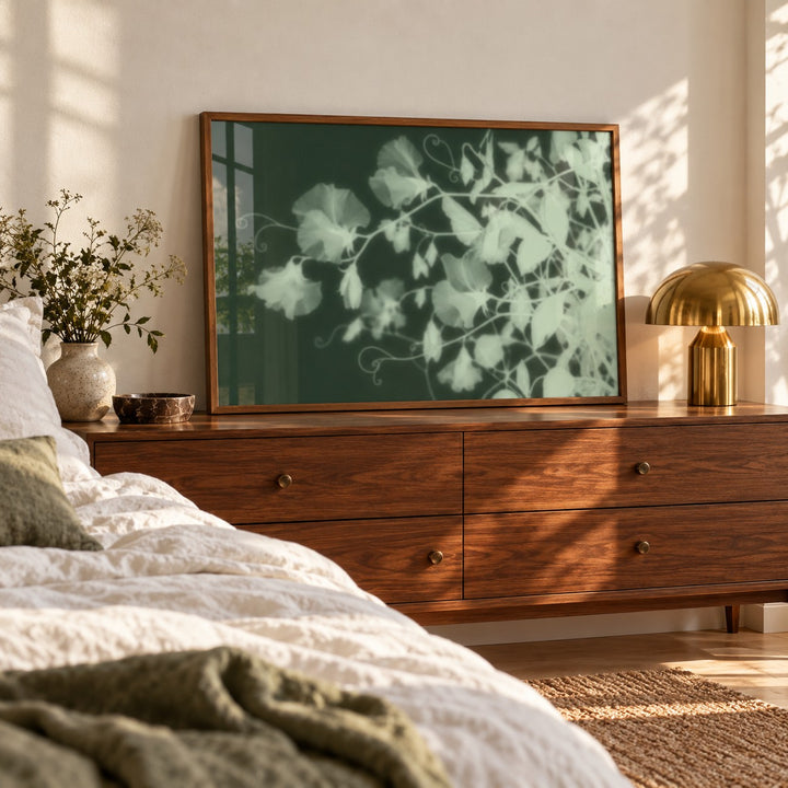 Mint Sweet Pea Print styled in a bedroom (frame not included)