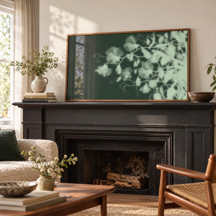 Mint Sweet Pea Print styled on a mantelpiece (frame not included)