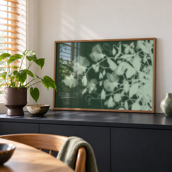 Mint Sweet Pea Print styled on a black sideboard (frame not included)