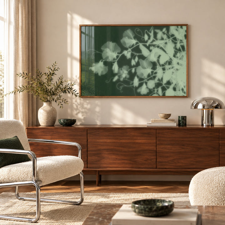 Mint Sweet Pea Print styled above a sideboard (frame not included)