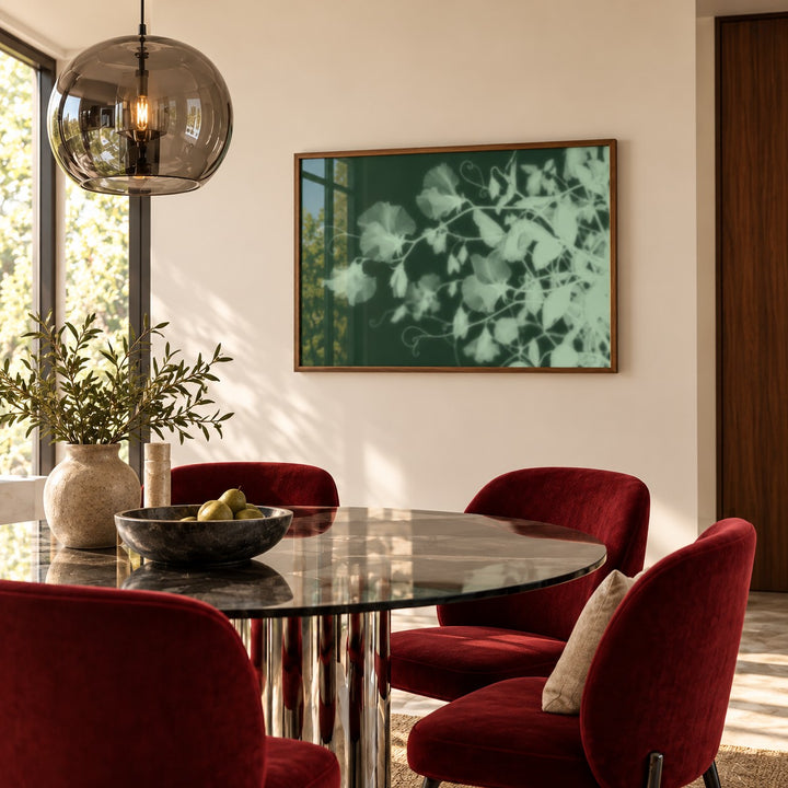 Mint Sweet Pea Print styled in a dining room (frame not included)
