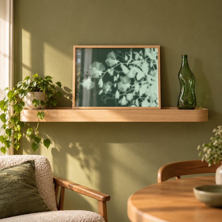 Mint Sweet Pea Print styled on a shelf against a green wall (frame not included)