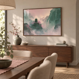 Misty Mountain Temple Art, framed on the wall of a calm dining room