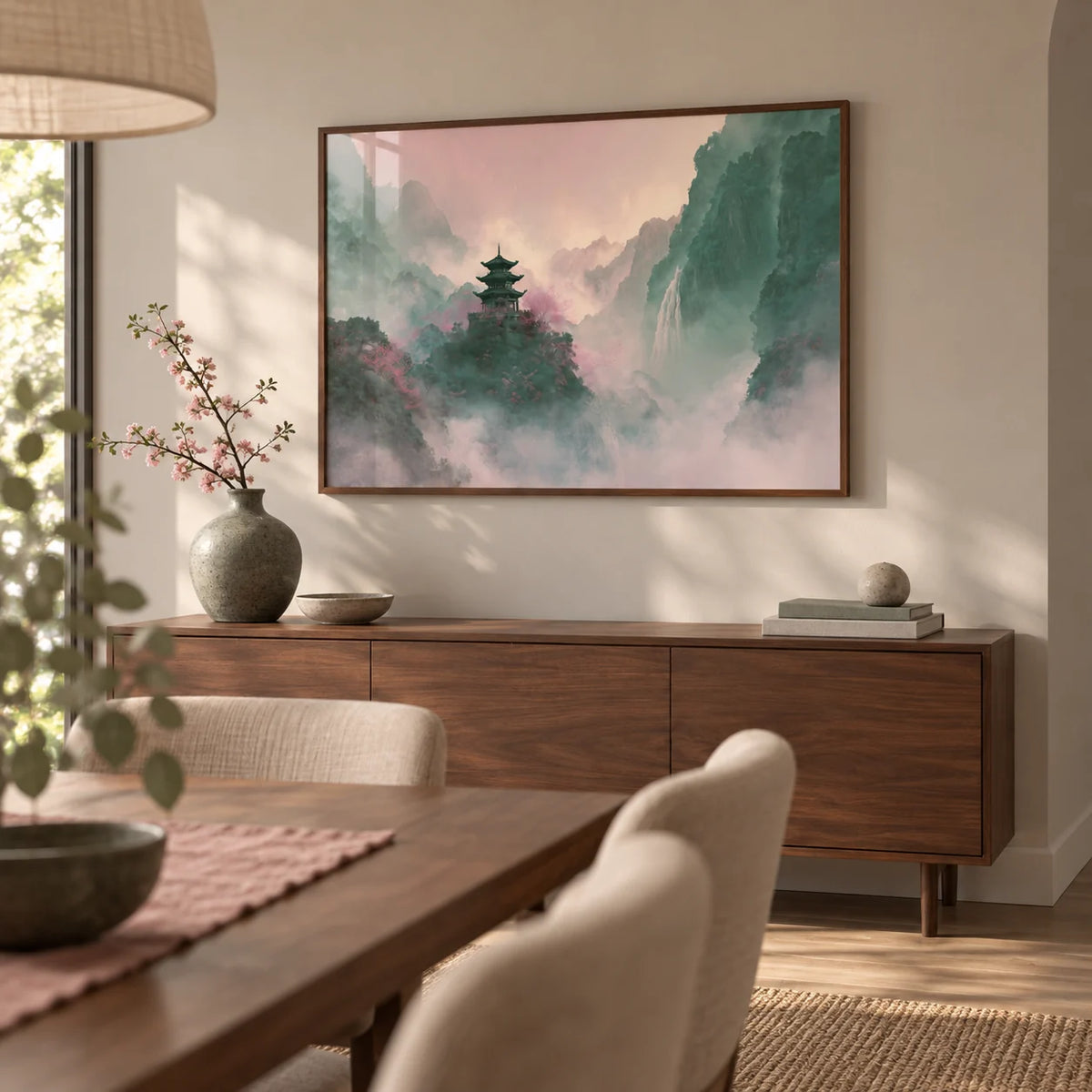 Misty Mountain Temple Art, framed on the wall of a calm dining room