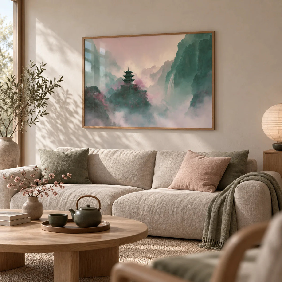 Misty Mountain Temple Art, framed on the wall of a calm Japandi living room