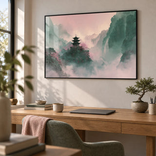 Misty Mountain Temple Art, framed on the wall of a quiet home office
