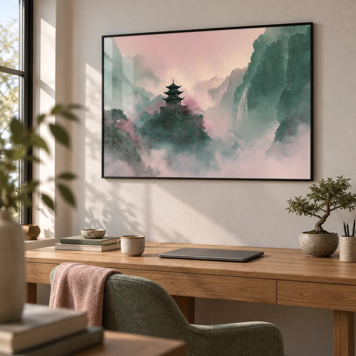 Misty Mountain Temple Art, framed on the wall of a quiet home office