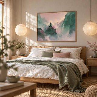 Misty Mountain Temple Art, framed on the wall of a serene bedroom