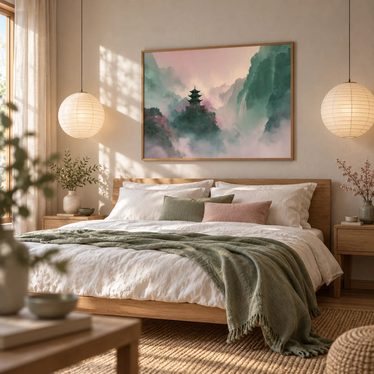Misty Mountain Temple Art, framed on the wall of a serene bedroom