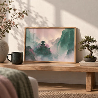 Misty Mountain Temple Art, a small A4 framed print leaning on a low oak bench in a living room