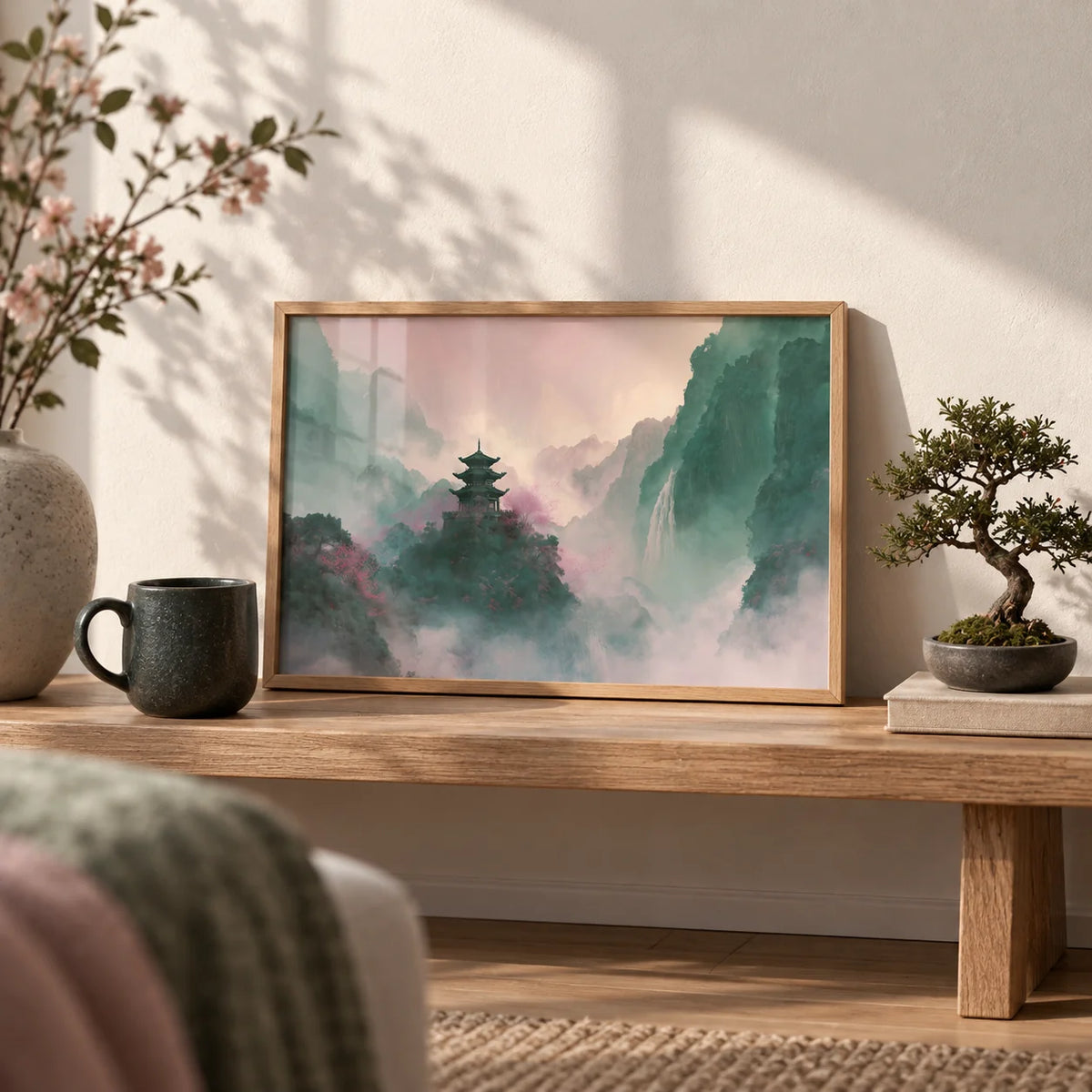Misty Mountain Temple Art, a small A4 framed print leaning on a low oak bench in a living room