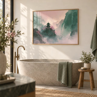 Misty Mountain Temple Art, framed on the wall of a spa-like bathroom