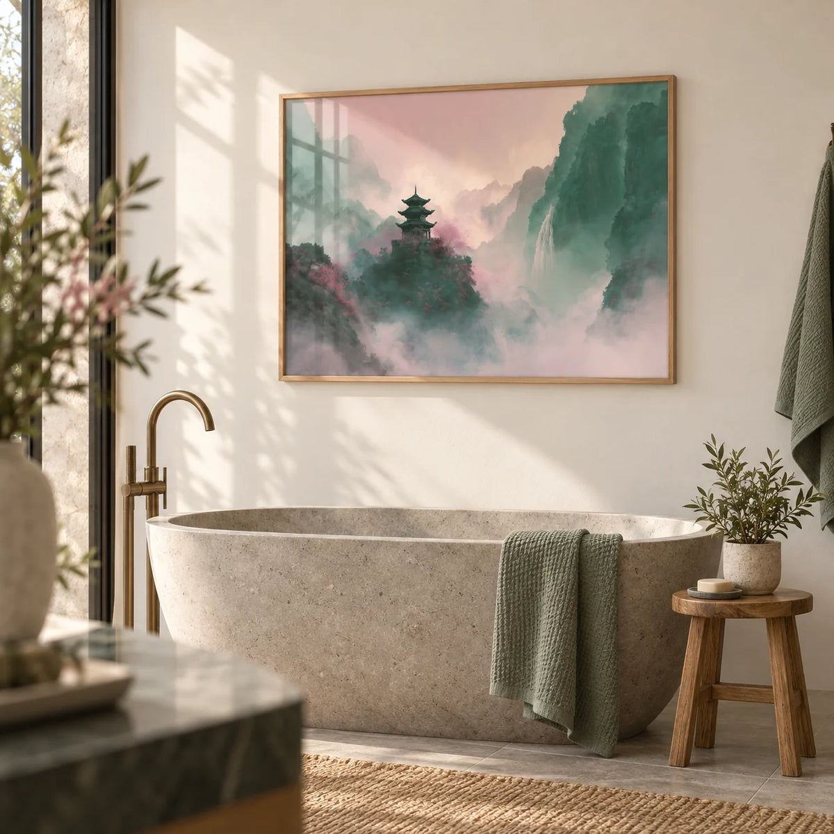Misty Mountain Temple Art, framed on the wall of a spa-like bathroom