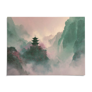 Misty Mountain Temple Art, shown as an unframed paper print on a plain white background