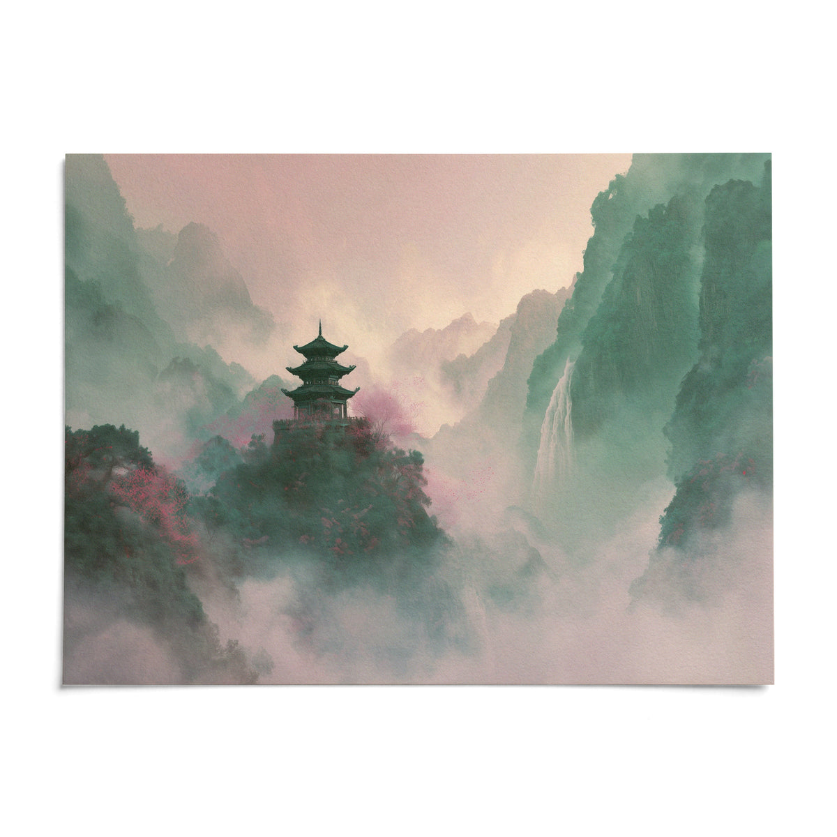 Misty Mountain Temple Art, shown as an unframed paper print on a plain white background