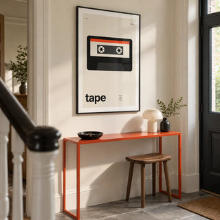 Mixtape Poster, framed on the wall of a crisp entrance hallway in a UK terraced house with a pale cream wall and plain grey stone floor