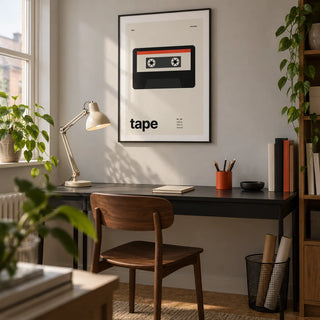 Mixtape Poster, framed on the wall of a graphic designer's compact home study in a UK flat with a pale grey wall and cork flooring