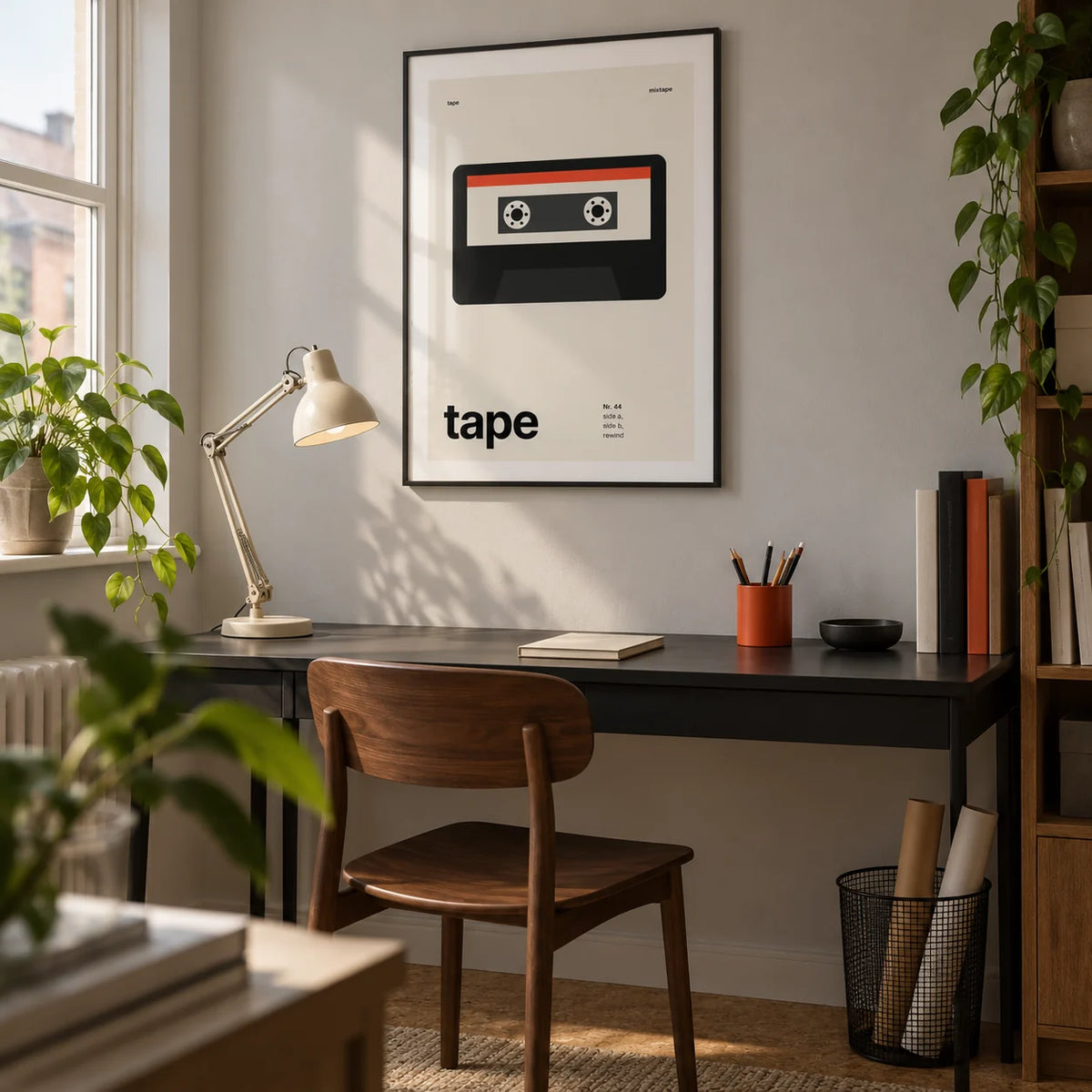Mixtape Poster, framed on the wall of a graphic designer's compact home study in a UK flat with a pale grey wall and cork flooring