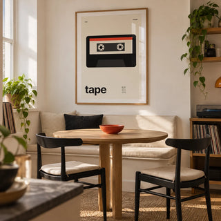 Mixtape Poster, framed on the wall of a modern dining nook in a first UK flat for a music-loving couple (25-35)