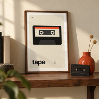 Mixtape Poster, a small A4 framed print leaning on a walnut shelf in a living room