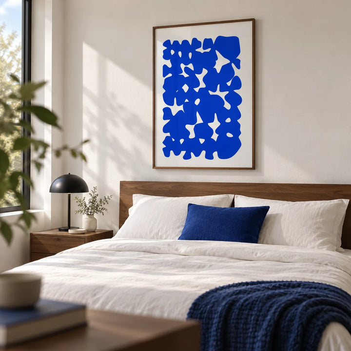 Modern Abstract Art, framed on the wall of a crisp modern bedroom
