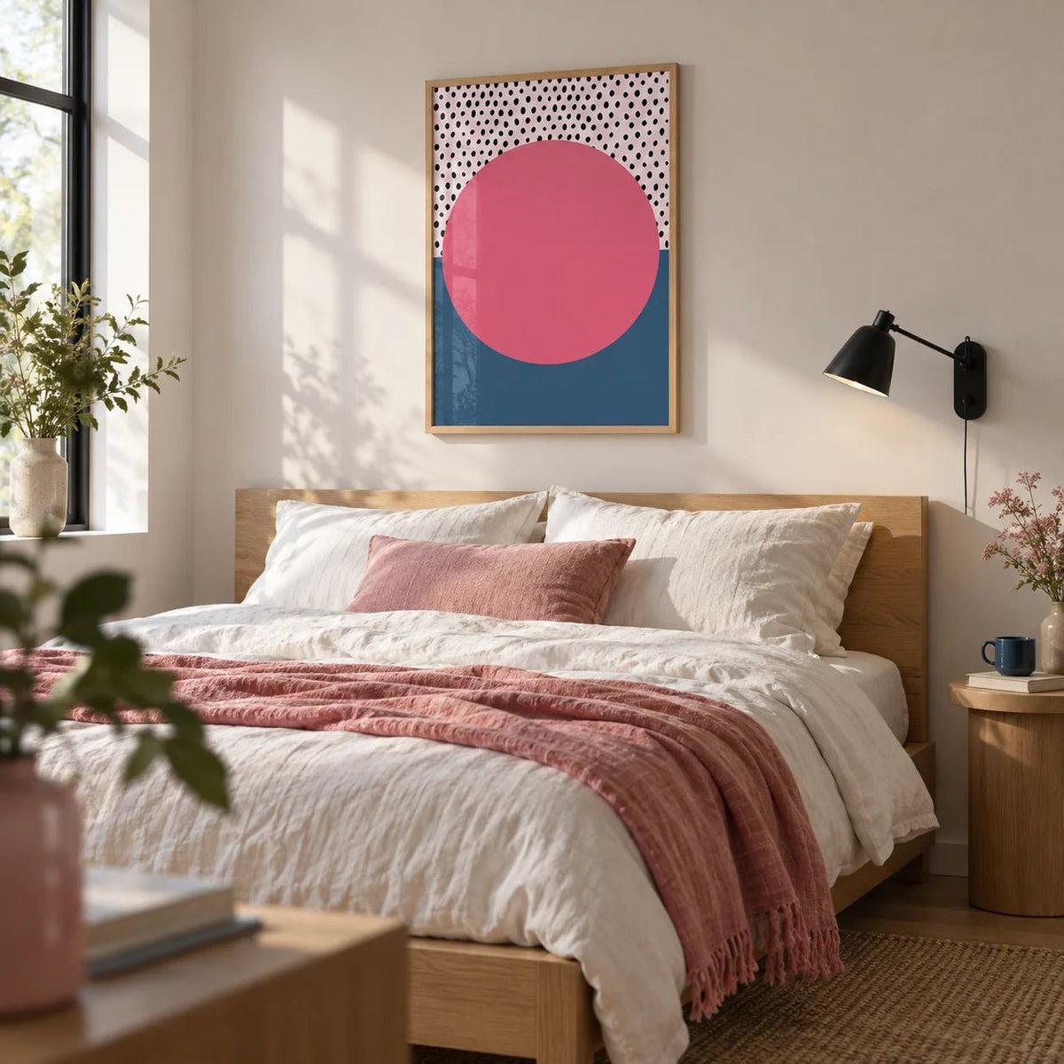 Modern Abstract Art Geometric, framed on the wall of a modern bedroom