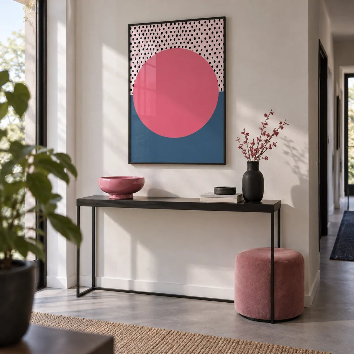 Modern Abstract Art Geometric, framed on the wall of a modern hallway