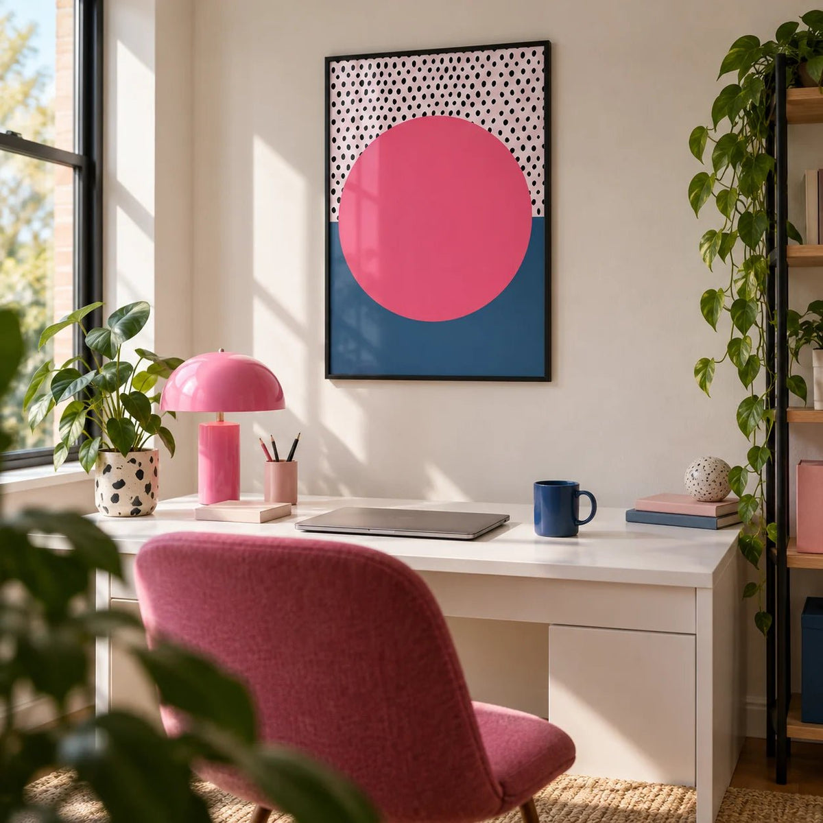 Modern Abstract Art Geometric, framed on the wall of a playful home office