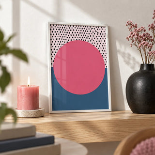 Modern Abstract Art Geometric, a small A4 framed print leaning on a pale oak shelf in a living room