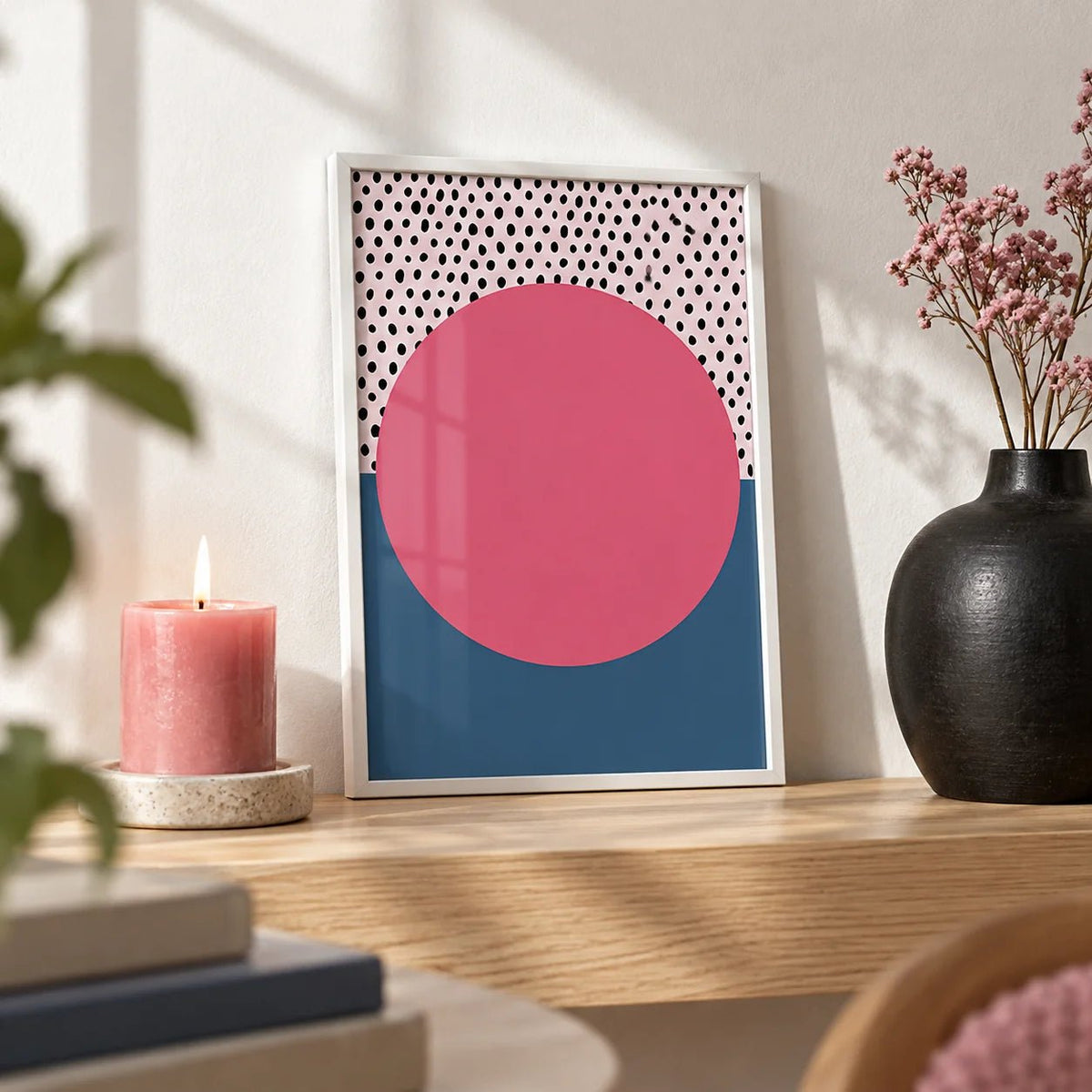 Modern Abstract Art Geometric, a small A4 framed print leaning on a pale oak shelf in a living room