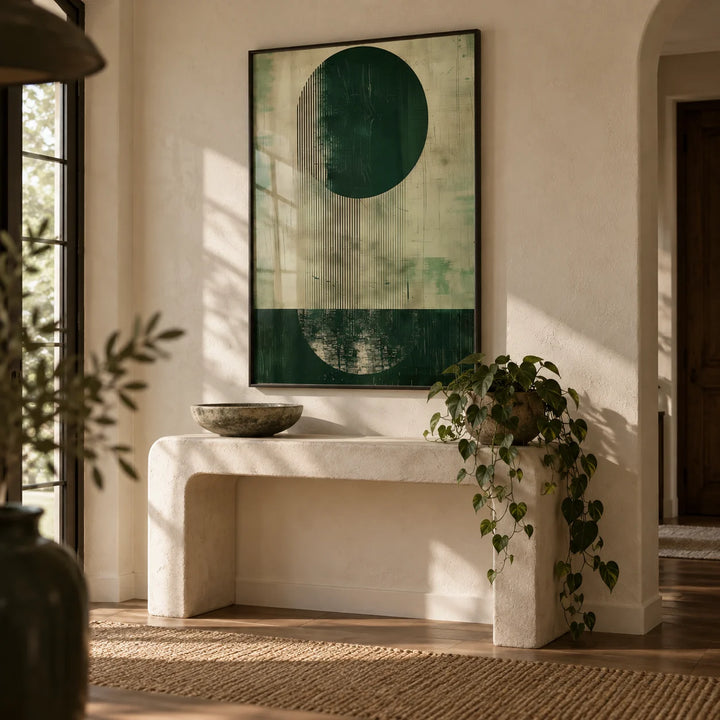 Modern Abstract Art Print, framed on the wall of a calm entryway