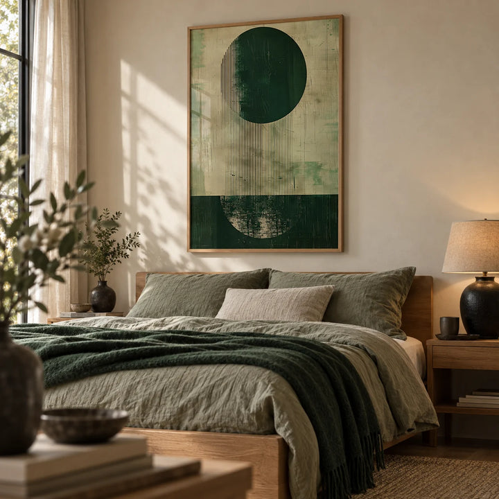 Modern Abstract Art Print, framed on the wall of an earthy bedroom