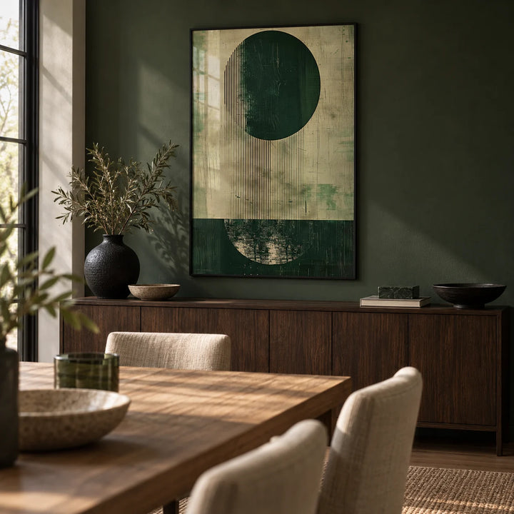 Modern Abstract Art Print, framed on the wall of a moody dining room with a deep green painted wall