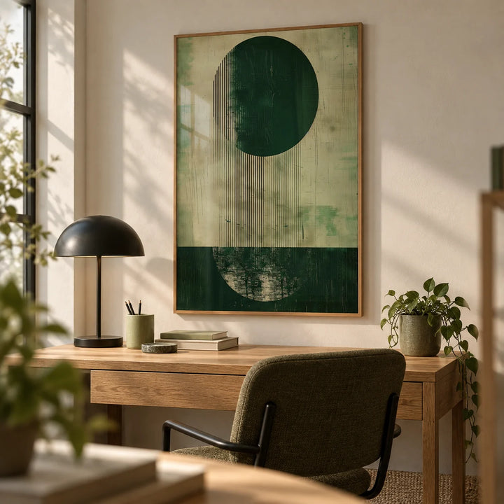 Modern Abstract Art Print, framed on the wall of a quiet home office