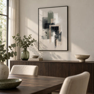 Modern Abstract Poster, framed on the wall of a calm dining room