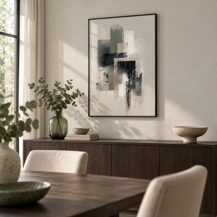 Modern Abstract Poster, framed on the wall of a calm dining room