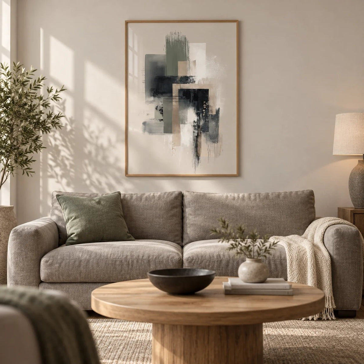 Modern Abstract Poster, framed on the wall of a calm modern living room
