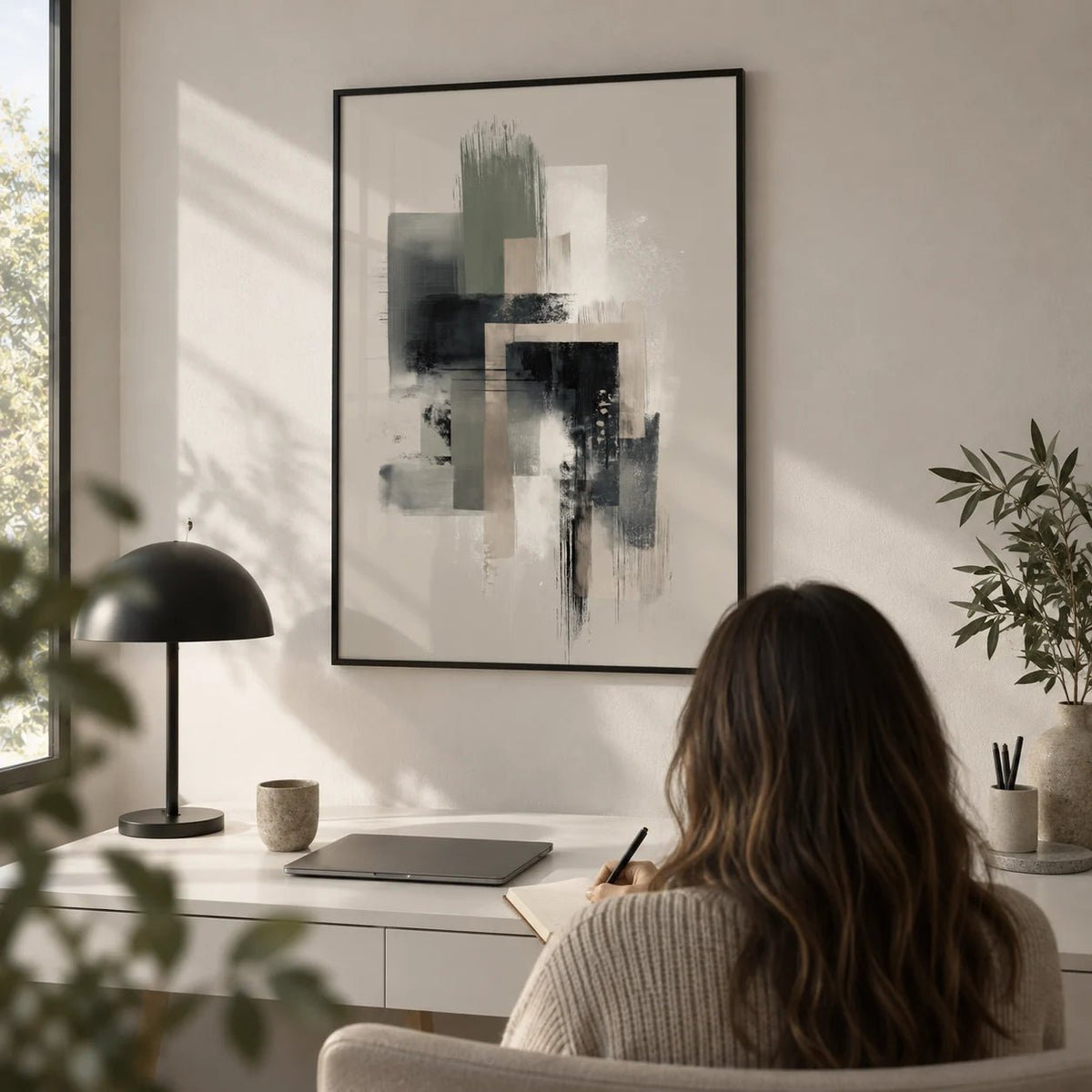 Modern Abstract Poster, framed on the wall of a minimal home office