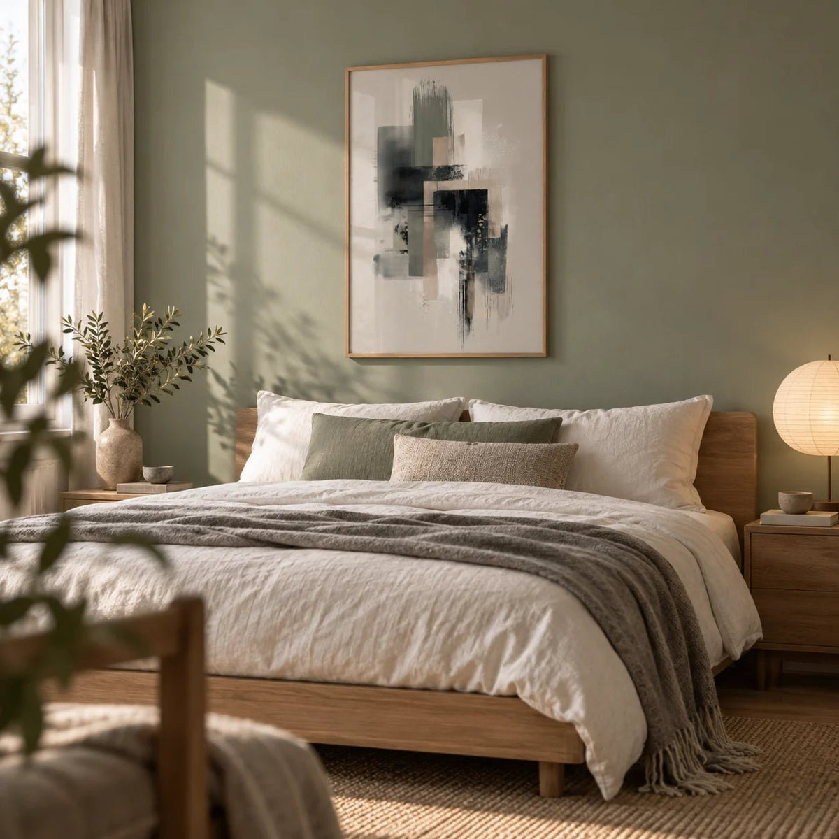 Modern Abstract Poster, framed on the wall of a quiet bedroom with a soft sage green wall