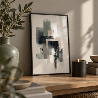 Modern Abstract Poster, a small A4 framed print leaning on an oak shelf in a living room