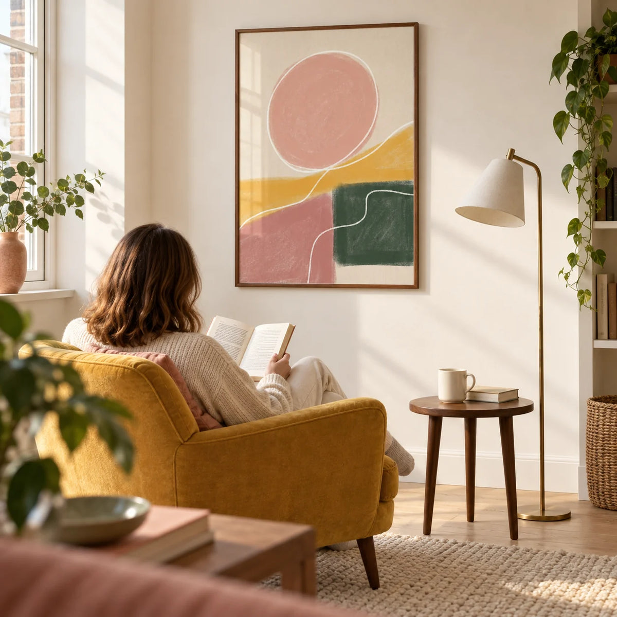 Modern Abstract Print, framed on the wall of a bright reading corner in a design-conscious UK flat with an ivory wall and pale timber floor in a living room