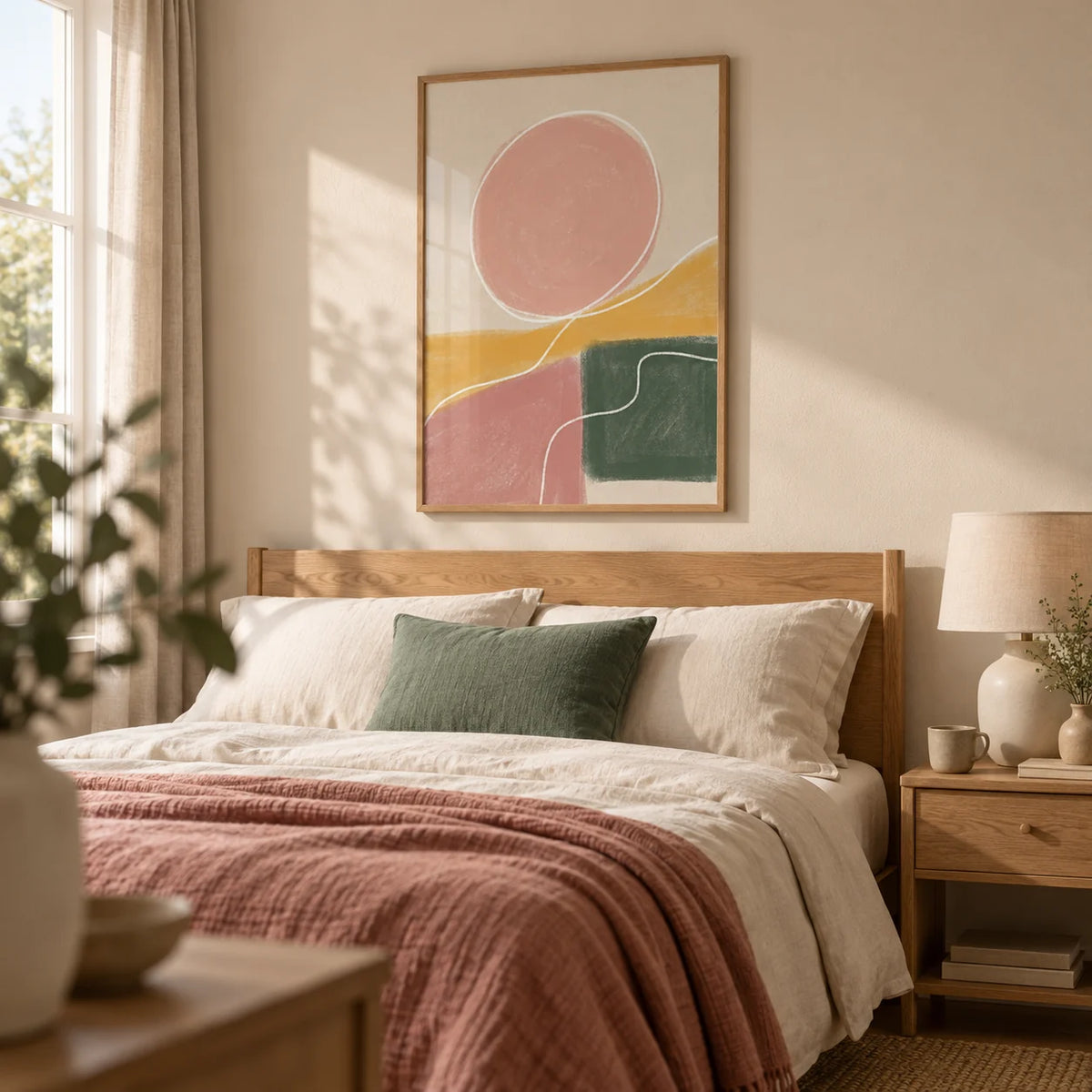 Modern Abstract Print, framed on the wall of a calm contemporary bedroom in a UK home with a warm beige wall