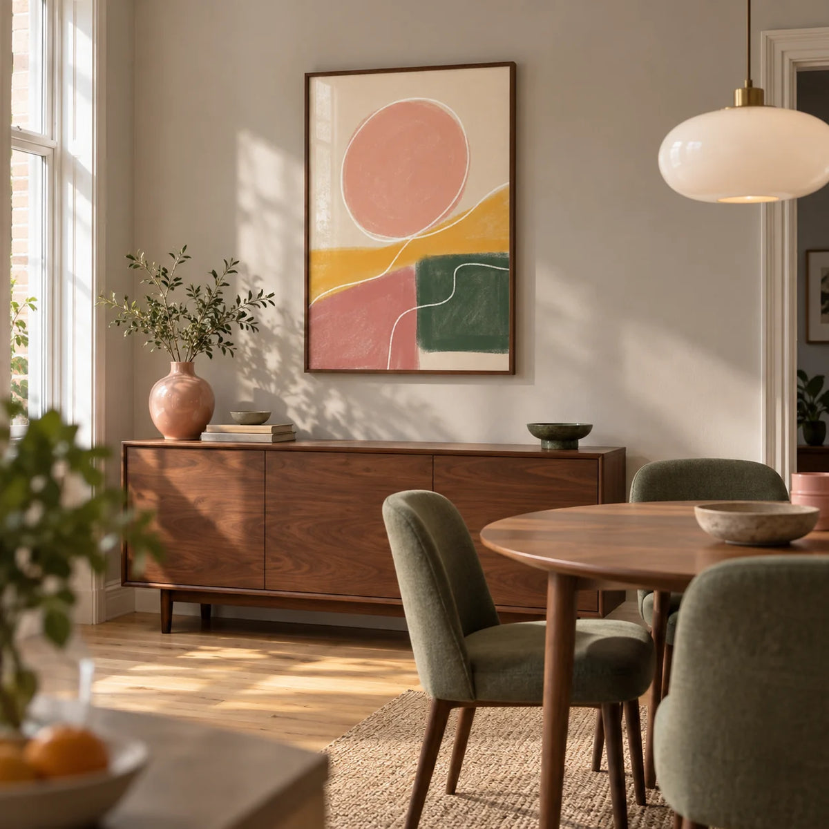 Modern Abstract Print, framed on the wall of a modern dining room in a UK terraced home with a pale warm grey wall and oak floorboards